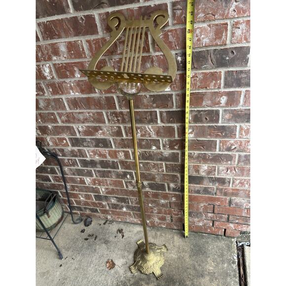 Vintage Brass Metal Lyre Harp Shaped Footed Music Stand Adjusts 36" To 50" Rare - Picture 7 of 8